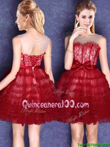 Beauteous Wine Red Quinceanera Dama Dress Prom and Party and Wedding Party and For withLace and Bowknot Scoop Sleeveless Lace Up