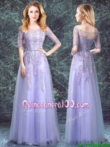 Sophisticated Square Half Sleeves Floor Length Lace Up Damas Dress Lavender and In forProm and Party and Wedding Party withAppliques