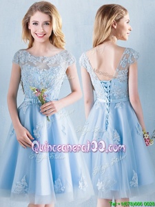 Clearance A-line Quinceanera Court of Honor Dress Light Blue Scoop Tulle Short Sleeves Knee Length Lace Up