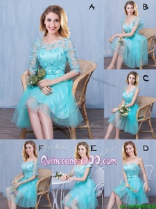 Free and Easy Scoop Sleeveless Tulle Knee Length Lace Up Quinceanera Court of Honor Dress inAqua Blue forSpring and Summer and Fall withLace and Appliques and Bowknot