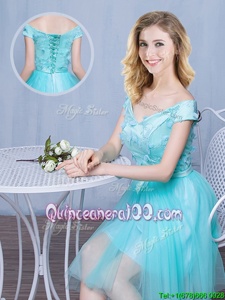 Dazzling Off the Shoulder Aqua Blue Cap Sleeves Tulle Lace Up Court Dresses for Sweet 16 forProm and Party and Wedding Party