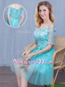 Lovely Off the Shoulder Short Sleeves Lace Up Knee Length Lace and Appliques and Bowknot Vestidos de Damas