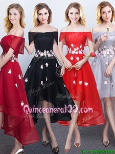 Fancy A-line Vestidos de Damas Black and Red and Grey Off The Shoulder Chiffon Sleeveless High Low Lace Up