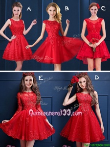 Luxurious Scoop Red Sleeveless Lace and Appliques Mini Length Dama Dress for Quinceanera