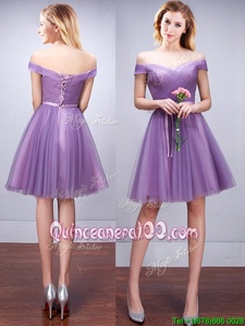 Beauteous Off the Shoulder Lavender Lace Up Court Dresses for Sweet 16 Ruching and Belt Sleeveless Knee Length