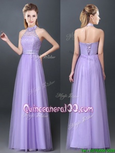 Deluxe Halter Top Lavender Sleeveless Tulle Lace Up Quinceanera Dama Dress forProm and Party