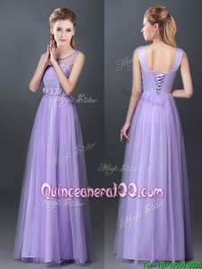 Trendy Scoop Sleeveless Tulle Dama Dress for Quinceanera Lace and Hand Made Flower Lace Up