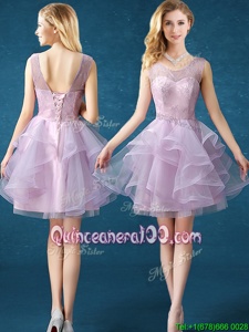 Luxury Lavender Organza and Tulle Lace Up Scoop Sleeveless Knee Length Court Dresses for Sweet 16 Lace