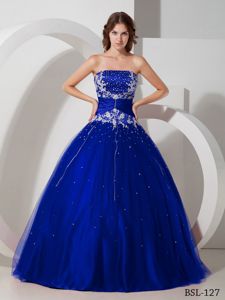 Royal Blue Strapless Dress for Quince with Beading and Appliques
