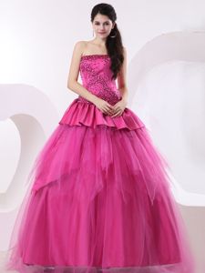Fashionable Beading Hot Pink Sweet 16 Dresses in Taffeta and Tulle