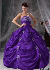 Purple Ball Gown Ruched Appliques Quince Dresses with Pick-ups