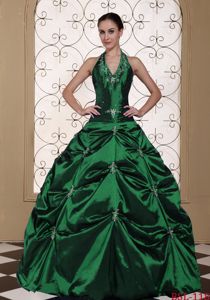 Dark Green Halter Top Pick-ups Dresses for a Quince with Beading