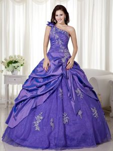 Taffeta and Organza One Shoulder Sweet 15 Dress with Appliques