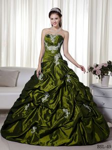New Olive Green Appliques Quinceanera Party Dress with Pick-ups