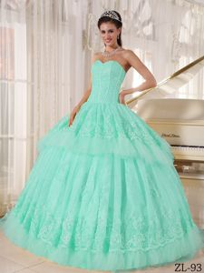 Kate Winslet Mint Colored Sweetheart Lace Decorate Pleated Dress for Quince