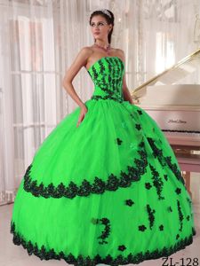 Black and Spring Green Strapless Appliques Quinceanera Gowns
