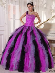 Multi-colored One Shoulder Ruffles Beading Sweet 15 Dresses