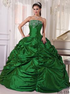 Green Strapless Taffeta Embroidery Pick-ups Dress for Quince