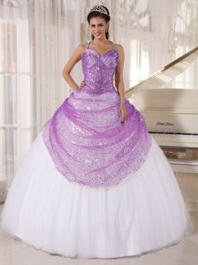 Halter Top Two-toned Tulle Sequin Appliques Sweet Sixteen Dresses