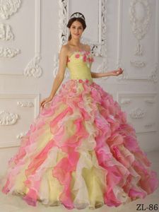 Colorful Strapless Hand Made Flowers Ruffled Quinceanera Gowns