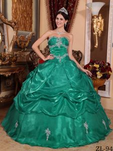 Green Sweetheart Pick-ups Appliques and Ruches Sweet Sixteen Dresses