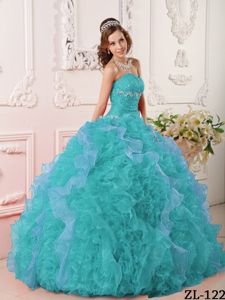 Turquoise Strapless Beading Appliques Ruffled Quinceanera Dresses