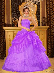 Light Purple Strapless Organza Embroidery Pick-ups Quinces Dresses