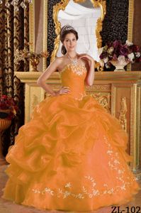 Orange Strapless Ruches and Embroidery Pick-ups Sweet 16 Dresses