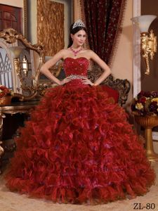 Red Sweetheart Beading Waist Dress for Quince with Ruffles Plus