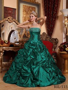 Green Strapless Beaded Taffeta Pick-ups Accent Sweet Sixteen Dresses