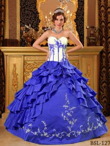 Chic White and Blue Sweetheart Dress for Quince with Embroidery