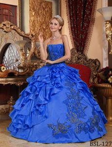 Blue Strapless Beading Appliques Dress for Quince with Ruffles Plus
