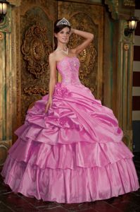 Pink Multi-tiered Pick-ups and Pleats Beading Quinceanera Dresses