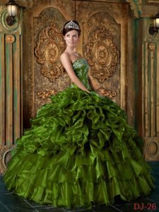 Olive Green Strapless Appliques Quinceanera Gown with Ruffled Tiers