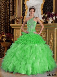 Green One Shoulder Ruffled Organza Beaded Quince Dresses