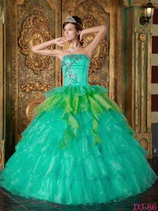 Turquoise Organza Dress for Quinceaneras with Tiered Ruffles