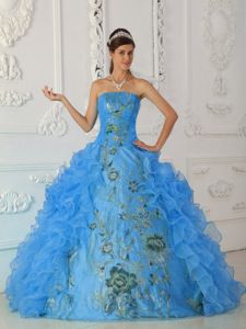 Blue Organza Embroidery Quinceanera Gown Dress with Ruffles