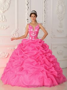 Hot Pink Straps Organza Quinceanera Dresses with Flowers