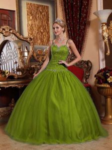 Olive Green Spaghetti Straps Tulle Quinceanera Gown Dresses