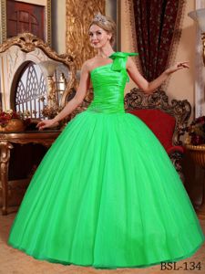 Green One Shoulder Taffeta and Tulle Dress for Quinceaneras