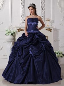 Navy Blue Taffeta Appliques Dress for Quince with Appliques