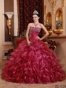Red Organza Beaded Quinceanera Dresses with Layered Ruffles