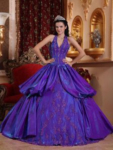Purple Halter Taffeta Appliques Quinceanera Gown Dresses