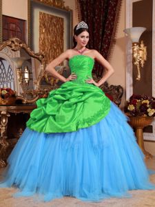 Green and Blue Taffeta Sweet Sixteen Dresses with Ruches
