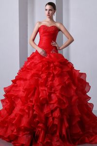 Red Organza Beaded Sweet Sixteen Dresses with Ruffles and Train