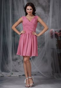 Roes Pink V-neck Mini-length Dama Dress with Ruches in Chiffon