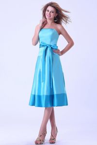 Satin Aqua Blue Dama Dress With a Bow Sash in Tea-length