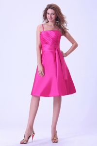 Hot Pink Knee-length Quinceanera Dama Dress With a Sash and Straps