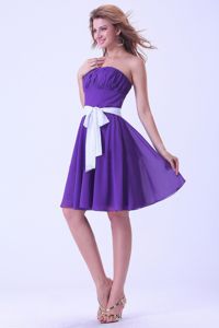 Purple Knee-length Dama Gown With a White Sash in Chiffon