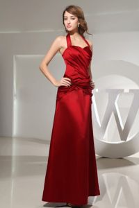 Halter Top Wine Red Ankle-length Dama Dress with Ruched in Satin